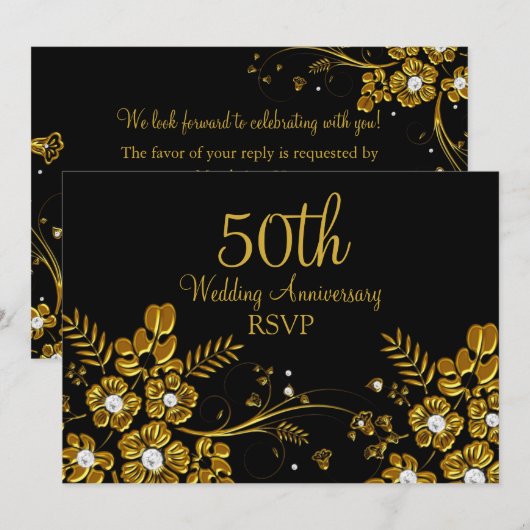 Gold Diamond Floral Swirl 50th Jubileum RSVP Kaart (Voorkant / Achterkant)