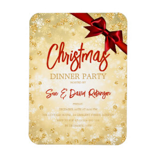 Gold Diamond Glitter Red Ribbon Xmas Invite Magneet