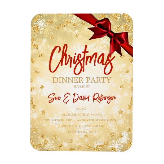 Gold Diamond Glitter Red Ribbon Xmas Invite Magneet (Verticaal)