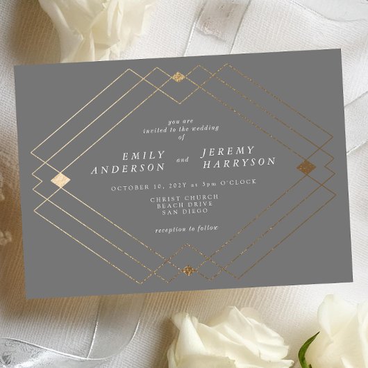Gold Diamond Gray Geometric Deco Gatsby Wedding Kaart