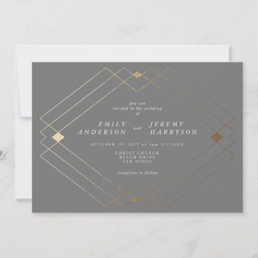 Gold Diamond Gray Geometric Deco Gatsby Wedding Kaart (Voorkant)