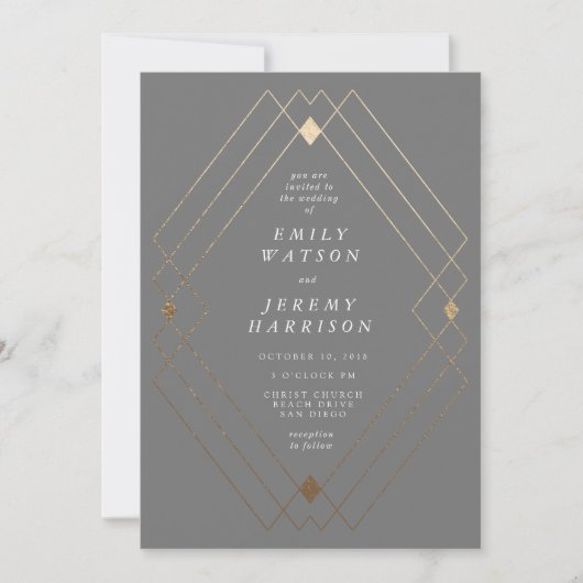 Gold Diamond Gray Geometric Deco Gatsby Wedding Kaart (Voorkant)