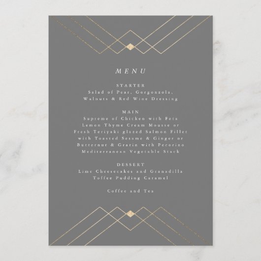 Gold Diamond Gray Geometric Deco Gatsby Wedding Menu (Voorkant)