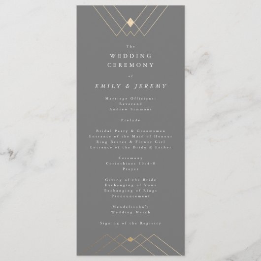 Gold Diamond Gray Geometric Deco Gatsby Wedding Programmakaart (Voorkant)