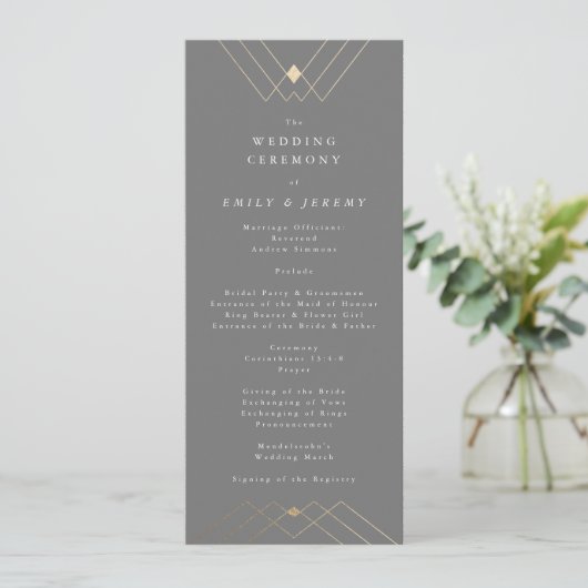 Gold Diamond Gray Geometric Deco Gatsby Wedding Programmakaart (Staand voorkant)