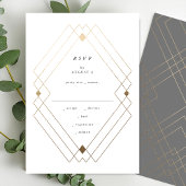 Gold Diamond Gray Geometric Deco Gatsby Wedding RSVP Kaartje