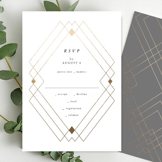 Gold Diamond Gray Geometric Deco Gatsby Wedding RSVP Kaartje