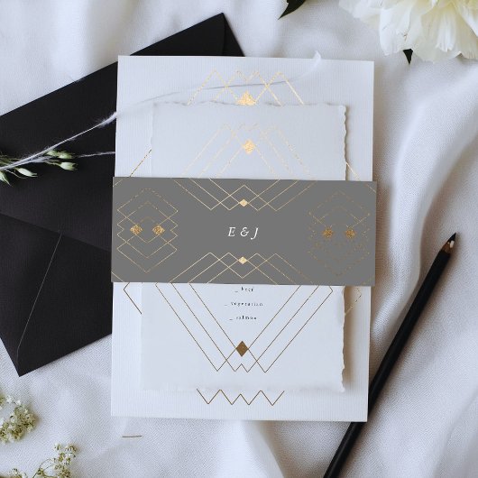 Gold Diamond Gray Geometric Deco Gatsby Wedding Uitnodigingen Wikkel