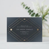 Gold Diamond Navy Geometric Deco Gatsby Wedding Informatiekaartje (Staand voorkant)
