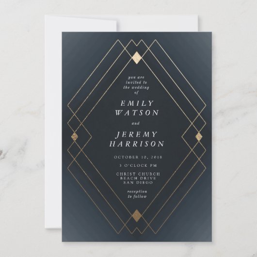 Gold Diamond Navy Geometric Deco Gatsby Wedding Kaart (Voorkant)