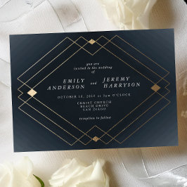 Gold Diamond Navy Geometric Deco Gatsby Wedding Kaart