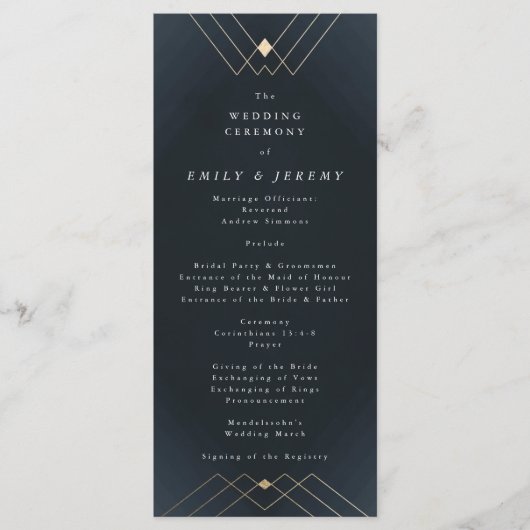 Gold Diamond Navy Geometric Deco Gatsby Wedding Programmakaart (Voorkant)