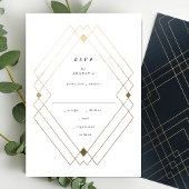 Gold Diamond Navy Geometric Deco Gatsby Wedding RSVP Kaartje