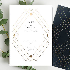 Gold Diamond Navy Geometric Deco Gatsby Wedding RSVP Kaartje