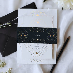 Gold Diamond Navy Geometric Deco Gatsby Wedding Uitnodigingen Wikkel