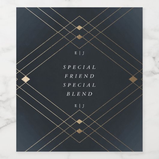 Gold Diamond Navy Geometric Deco Gatsby Wedding Wijn Etiket (Enkel label)