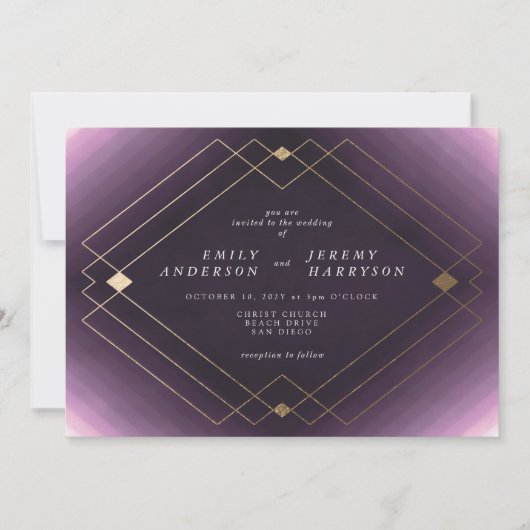 Gold Diamond Paars Geometric Deco Gatsby Wedding Kaart (Voorkant)
