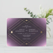 Gold Diamond Paars Geometric Deco Gatsby Wedding Kaart (Staand voorkant)