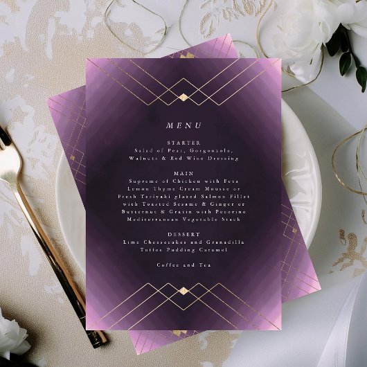 Gold Diamond Paars Geometric Deco Gatsby Wedding Menu