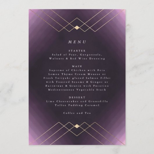 Gold Diamond Paars Geometric Deco Gatsby Wedding Menu (Voorkant)