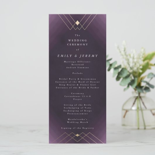 Gold Diamond Paars Geometric Deco Gatsby Wedding Programmakaart (Staand voorkant)