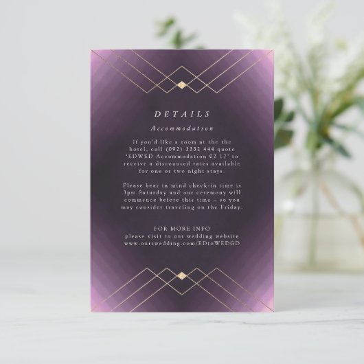 Gold Diamond Paars Geometric Deco Gatsby Wedding RSVP Kaartje (Staand voorkant)