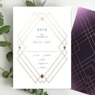 Gold Diamond Paars Geometric Deco Gatsby Wedding RSVP Kaartje