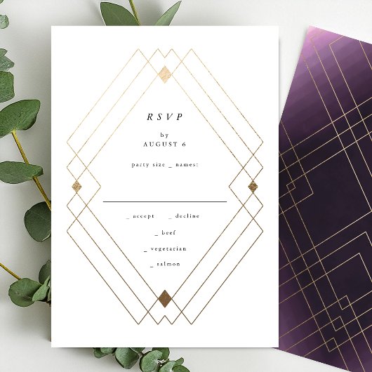 Gold Diamond Paars Geometric Deco Gatsby Wedding RSVP Kaartje