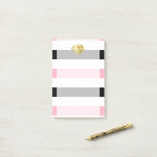 Gold Diamond & Pink & Black Stripes Monogram Post-it® Notes (Op bureau)