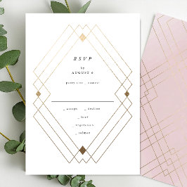 Gold Diamond Pink Geometric Deco Gatsby Wedding RSVP Kaartje