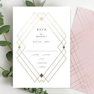 Gold Diamond Pink Geometric Deco Gatsby Wedding RSVP Kaartje