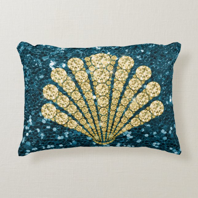Gold Diamond Seashell Blauwgroen Faux Glitter Accent Kussen (Voorkant)