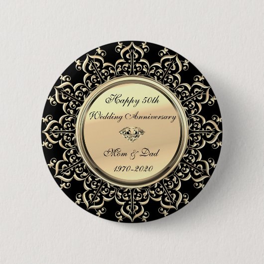 Gold Diamond Swirls Black 50th Wedding Jubileum Ronde Button 5,7 Cm (Voorkant)