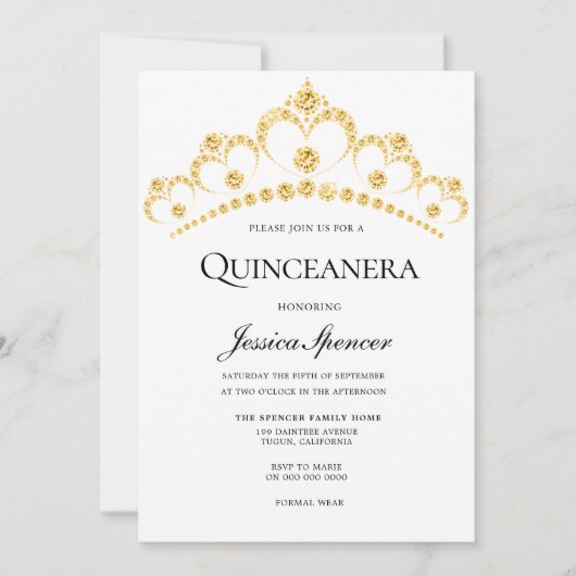 Gold Diamond Tiara Quinceanera Party Invite Kaart (Voorkant)