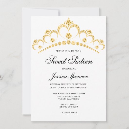 Gold Diamond Tiara Sweet 16 Party Invite Kaart (Voorkant)
