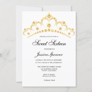 Gold Diamond Tiara Sweet 16 Party Invite Kaart