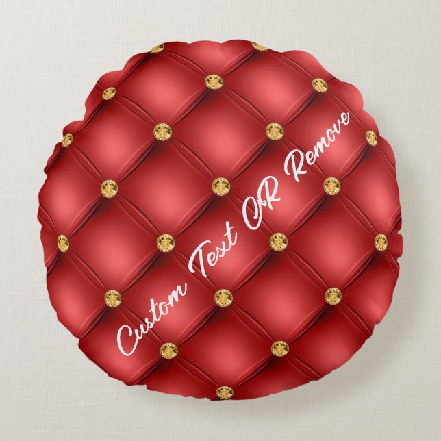 Gold Diamond Tufted Leather Jouw tekst Name Red Rond Kussen (Voorkant)