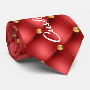Gold Diamond Tufted Red Leather Stropdas Jouw teks