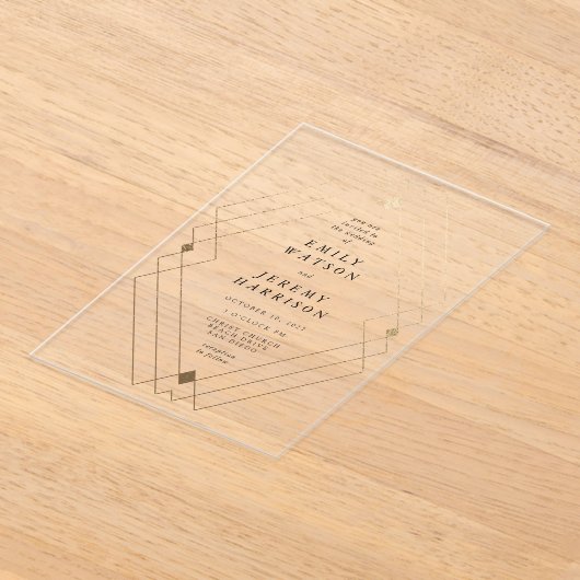 Gold Diamond White Geometric Deco Gatsby Wedding Acryl Uitnodigingen (Laagn)