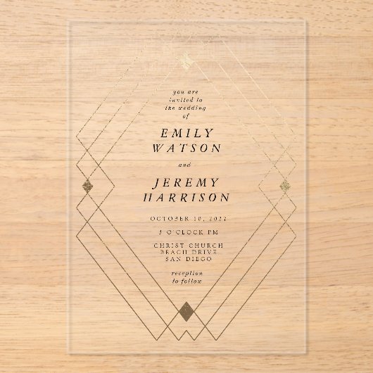Gold Diamond White Geometric Deco Gatsby Wedding Acryl Uitnodigingen (Voorkant)