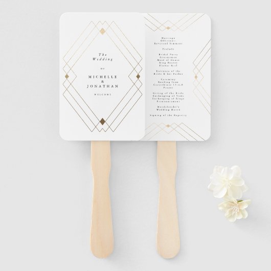 Gold Diamond White Geometric Deco Gatsby Wedding Handwaaier (Voorkant en achterkant)