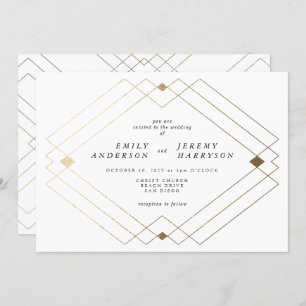 Gold Diamond White Geometric Deco Gatsby Wedding Kaart