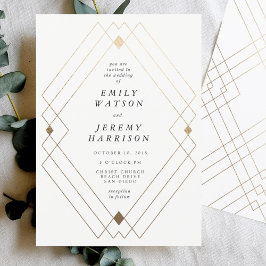 Gold Diamond White Geometric Deco Gatsby Wedding Kaart
