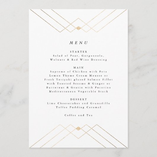 Gold Diamond White Geometric Deco Gatsby Wedding Menu (Voorkant)