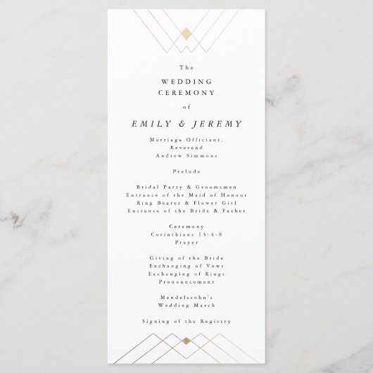 Gold Diamond White Geometric Deco Gatsby Wedding Programmakaart (Voorkant)