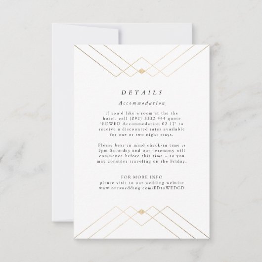 Gold Diamond White Geometric Deco Gatsby Wedding RSVP Kaartje (Voorkant)
