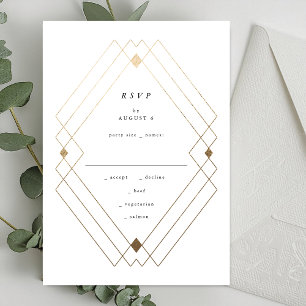 Gold Diamond White Geometric Deco Gatsby Wedding RSVP Kaartje