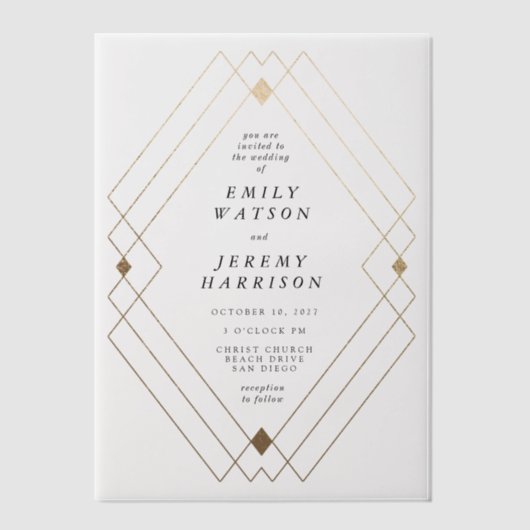 Gold Diamond White Geometric Deco Gatsby Wedding Vellum Uitnodigingen (Voorkant)
