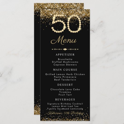 Gold Diamonds 50th Birthday Dinner Flat Menu (Voorkant / Achterkant)