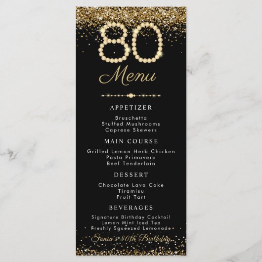 Gold Diamonds 80th Birthday Dinner Flat Menu (Voorkant)
